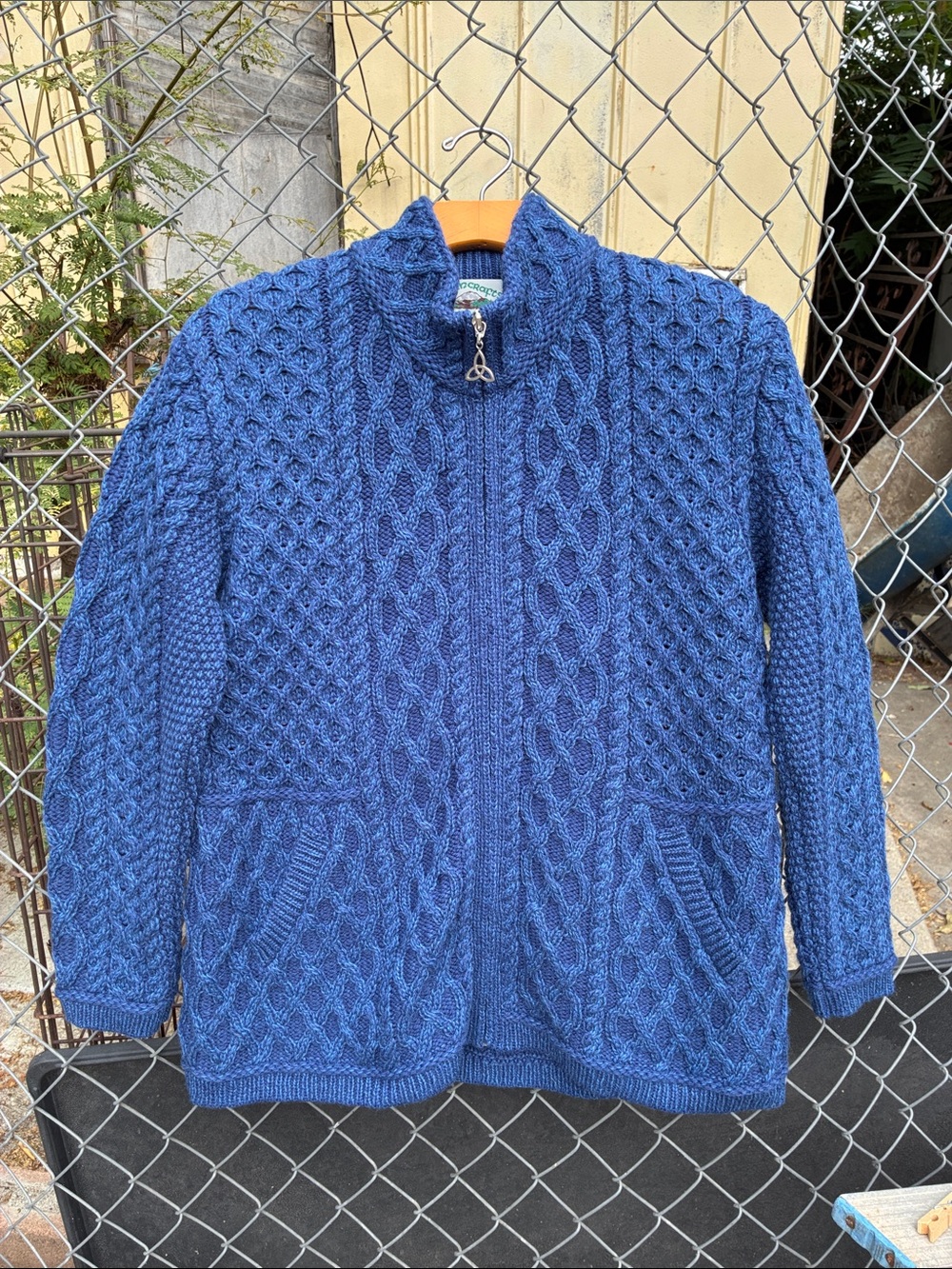Aran Crafts Chunky Cable-Knit Full Zip Sweater Merino Wool Size L